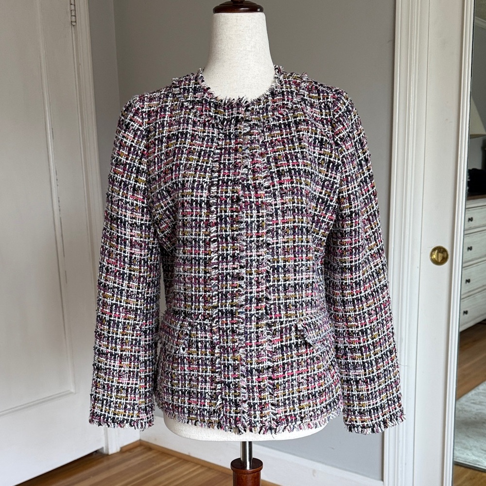 Ann Taylor Pink Multi Tweed Fringe-Trim Blazer